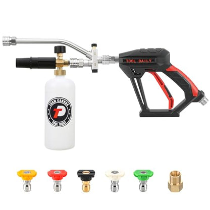 Tool Daily Short Pressure Washer Gun with Foam Cannon, Dual Connector Accessory, 1/4 Inch Quick Connect, 5 Spray Nozzle Tips, 1 Liter - style: Foam Gun with Dual Connector