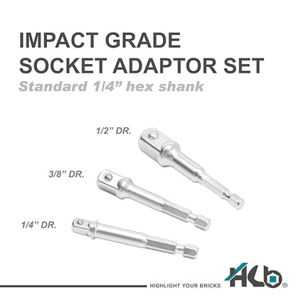 HB 3-Piece Socket Adapter Set AAM001-U | 1/4" Hex Shank Impact Driver Drill Adapters | 1/4", 3/8", 1/2" Drive | Chrome Vanadium Steel with Spring-Loaded Detent Ball | Professional Tools Made in Taiwan - size: 1/2" & 3/8" & 1/4" DR.