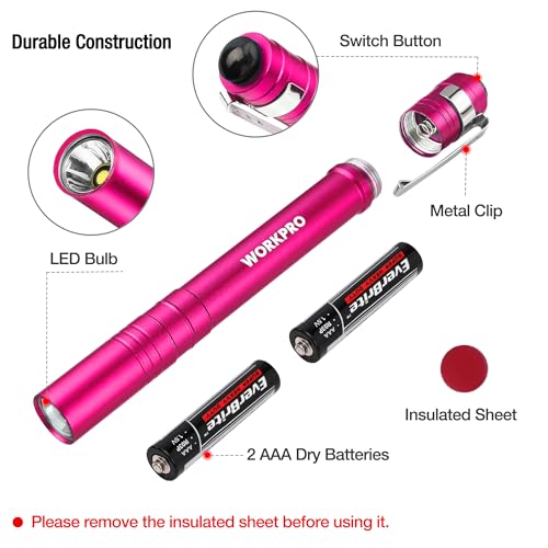 WORKPRO LED Pen Light, Aluminum Pen Flashlights, Pocket Flashlight with Clip for Inspection, Emergency, Everyday, 2AAA Batteries Include, Pink(4-Pack) - color: Pink