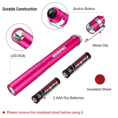 WORKPRO LED Pen Light, Aluminum Pen Flashlights, Pocket Flashlight with Clip for Inspection, Emergency, Everyday, 2AAA Batteries Include, Pink(4-Pack) - color: Pink