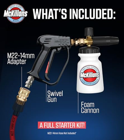 McKillans Pressure Washer Gun with Swivel & Foam Cannon Wide Mouth & M22-14mm Adapter - Adjustable Thick Foam - Power Washer Gun - 3/8" Male Plug & 1/4” Quick Connector Coupler - color: Swivel Gun & Foam Cannon