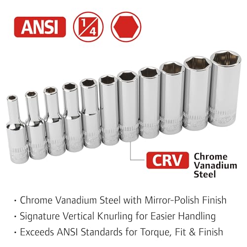 Ingersoll Rand 11 Pc. 1/4" Drive Deep Socket Set, SAE 6-Point, Chrome Vanadium Steel, 5/32"–9/16" with Storage Tray – 752046X - size: 1/4 in. Drive Deep Socket Set, style: SAE