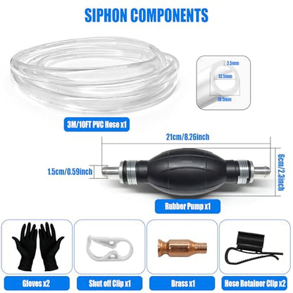 Fuel Transfer Pump, Gas Siphon Pump for Gasoline, Manual Hand Gasoline Transfer Pump for Fuel, Oil, Diesel, Water, Liquid, Fluid with 10 Ft PVC Siphon Hose, Brass, Pinch Clips and Gloves（15mm）