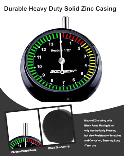 GODESON Tire Tread Depth Gauge - Analog Dial with Color-Coded (Red/Yellow/Green) for Accurate Tire Wear Measurement, 32NDS, Metal Build, Fit for Cars, Trucks & DIY (Includes Protective Pouch) - color: Black