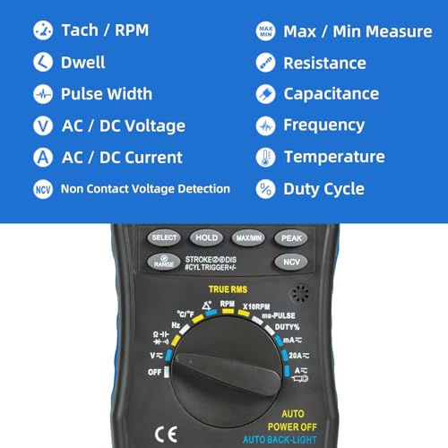 Automotive Digital Multimeter, Kethvoz True RMS AC/DC Voltage & Current Tester, 6000 Counts Auto-Ranging with RPM, Dwell Angle, Pulse Width, Temperature, Duty Cycle, Continuity, and NCV Detection