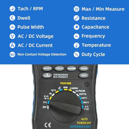 Automotive Digital Multimeter, Kethvoz True RMS AC/DC Voltage & Current Tester, 6000 Counts Auto-Ranging with RPM, Dwell Angle, Pulse Width, Temperature, Duty Cycle, Continuity, and NCV Detection