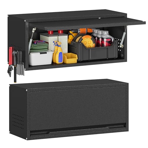 Metal Garage Wall Cabinet with Up-Flip Door,Wall-Mounted Steel Storage Cabinet, Float Tool Cabinet with Pegboard,Upper Cabinet for Kitchen,Garage,Workshop,Warehouse(13.8" H,Black) - color: Black, size: 13.8"H Wall Cabinet(1-Door)