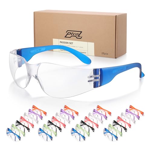 28 Pack Safety Glasses in 7 Colors (Bulk Pack of 24+4) Unisex Clear Anti-Scratch Protective Goggles Impact Resistant Lens Eyewear with ANSI Z87.1 EN166 for Construction, Shooting and Laboratory - color: 7 Colors, size: 28 Pack Adult Size