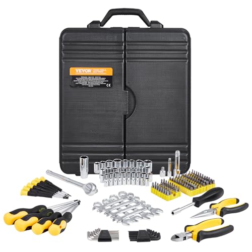 VEVOR Mechanics Tool Set 221Pieces - 1/4" and 3/8" Drive Sockets - SAE and Metric Mechanic Tool Kit with Bits - Wrenches, Ratchet Handle, Accessories, and Plastic Storage Case - for Automotive Repair - size: 1/4"&3/8", style: 221 PCS