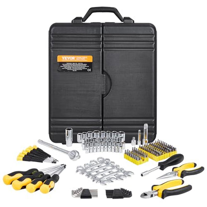 VEVOR Mechanics Tool Set 221Pieces - 1/4" and 3/8" Drive Sockets - SAE and Metric Mechanic Tool Kit with Bits - Wrenches, Ratchet Handle, Accessories, and Plastic Storage Case - for Automotive Repair - size: 1/4"&3/8", style: 221 PCS