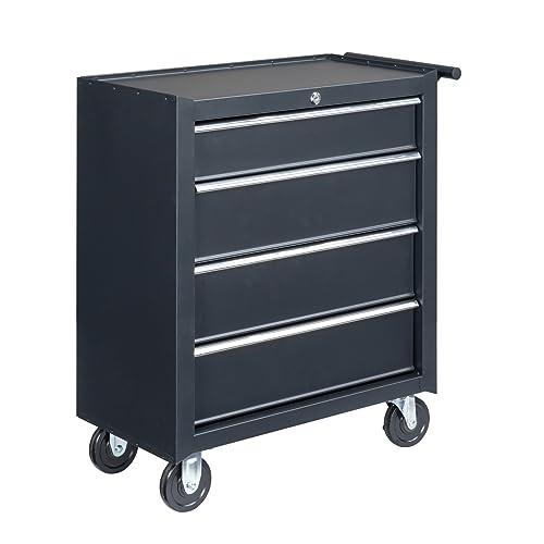 Winado 4 Drawer Rolling Tool Cabinet, Lockable Steel Tool Chest, Black | Heavy Duty Metal Garage Workshop Storage Cart with Top Tray, Side Handle, Locking Drawer and Wheels for Repair Shop - color: Black
