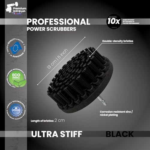 Premium Drill Brush Professional – Ultra-Stiff 5 in Black Set of 3 | Scratch-Free Heavy-Duty Cleaning Brush for Concrete, Brick, Stone, Metal, Garage, BBQ Grills, Rust and Construction Tools - color: Black