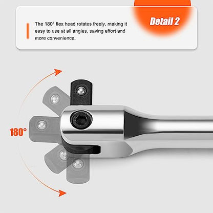 Matework 3/8'' Drive Breaker Bar, 10 Inches Long Extension Breaker Bar with 180-Degree Cr-V Flex Head and Engraved Non-slip Handle, Polished Finish, Home Use Socket Wrench - style: 3/8'' Drive (10-inch)
