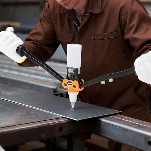 VEVOR Pop Rivet Gun Kit, with 230 Blind Rivets, Two-Handed Riveter with 5 Interchangeable Nosepieces, 5 Drill Bits, and a Carrying Case, Manual Riveting Tool for Metal, Automotive, Home, and DIY - size: 16", style: RIVET GUN