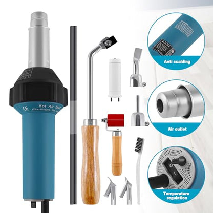 1600W 110V Hot Air Welder Heating Gun, TPO PVC Vinyl Welding Kit with Welding Speed Nozzle Roller Rod Carry Case, 40-600℃ Adjustable Temperature, Handheld Hot Air Torch Plastic Welding Gun - color: 1600w-(w/Case+extra 2 Accessories)