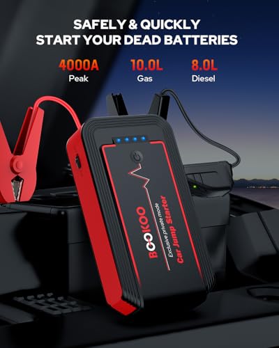 BOOKOO H9 4500A 12V Jump Starter for Car Boat Lawnmower | For 10L Gas - 8L Diesel Engines - 2 USB Outputs QC 3.0 - 140W DC Output - 3 Modes LED Lights - 10 BMS Protections