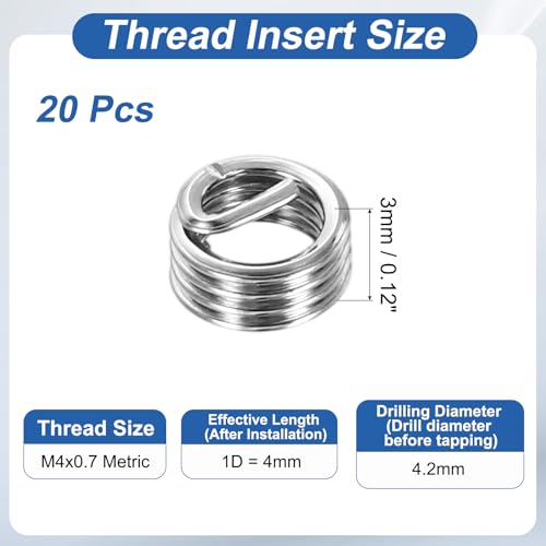 PATIKIL Wire Thread Inserts M4x0.7 Metric 1D 4mm, 20Pcs 304 Stainless Steel Helical Coiled Wire Screw Threaded Sleeve Sheath for Mechanical Equipment Automotive Repairs - size: M4x0.7, 4mm