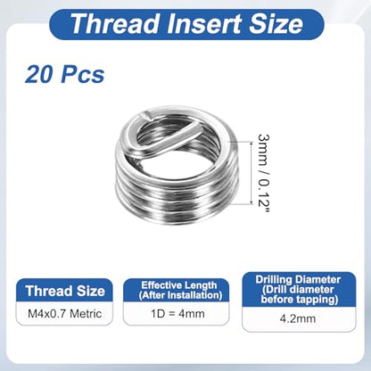 PATIKIL Wire Thread Inserts M4x0.7 Metric 1D 4mm, 20Pcs 304 Stainless Steel Helical Coiled Wire Screw Threaded Sleeve Sheath for Mechanical Equipment Automotive Repairs - size: M4x0.7, 4mm