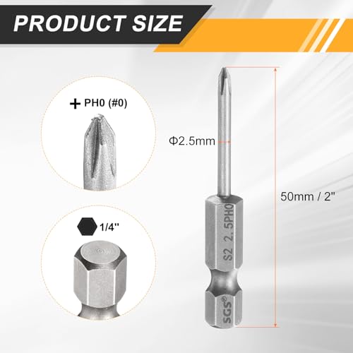 HARFINGTON 4pcs #0 Phillips Screwdriver Bit PH0 1/4" Hex Shank 2" (50mm) Long 0.1" Rod Magnetic Cross Head Drill Bits S2 Steel Industrial Screw Driver for Electric Power Tools, Gray - size: PH0 x 2" x 0.1"