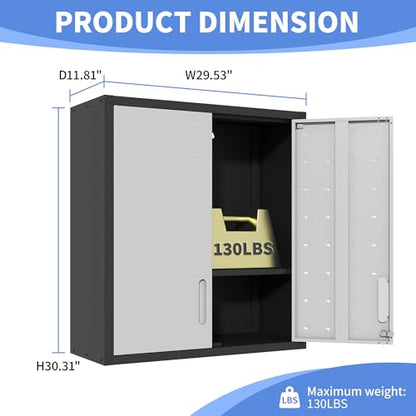 Metal Storage Cabinet for Garage, Tool Cabinet, Utility Cabinet | Wall Mounted, Hanging Tool Cabinet, Lockable, 2 Doors, Adjustable Shelves, Assembly Required, Black & Grey - color: Black & Grey
