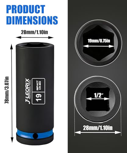 19mm Deep Impact Socket 1/2" Drive CR-MO Steel 6-Point | CR-MO steel impact socket set. 1/2" drive, 6-point design. Deep reach for lug nuts & axle nuts. - size: 19mm