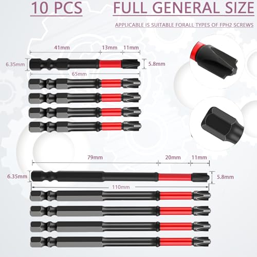 FPH2 Impact Screwdriver Bit Set - 65mm & 110mm Slotted Heads 1/4 Inch Hex Shank, Cross Slot Screw Driver Drill Bits Used Electricians ，CNC Machined Tips with Magnetism,(10pcs)