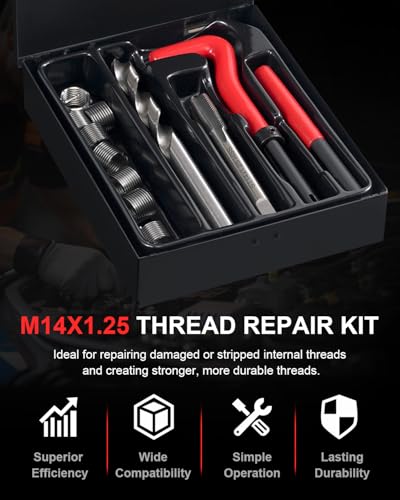 Kolvoii M14×1.25 Helicoil Thread Repair Kit for Spark Plug, Metric M14 Helicoil kit with HSS Drill Bit, Tap & Stainless Steel Inserts for Cylinder Head Engine Spark Plug Stripped Hole Repair - size: M14X1.25