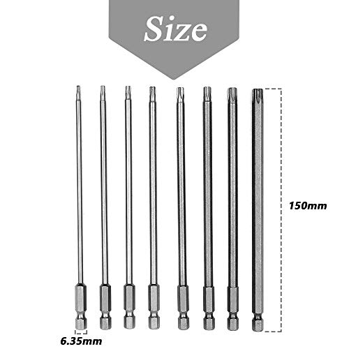 Mesee 8Pcs Long Torx Screwdriver Bit Set, 1/4 Inch Hex Shank T8-T40 Security S2 Magnetic Star Torx Head Screw Screwdriver Drill Bits Accessory Tool | 150mm Length - size: 150mm
