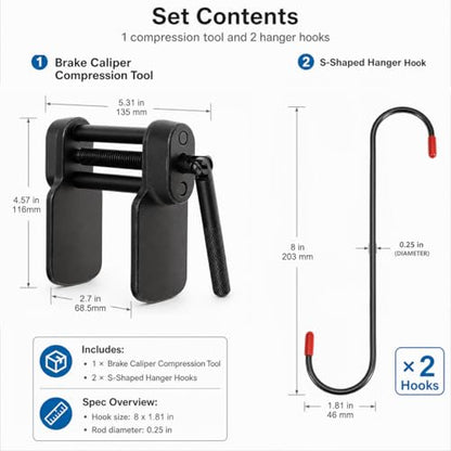 QWORK Brake Caliper Tool Kit, Heavy Duty Disc Brake Pad Spreader & Piston Compressor, 2 PCS Brake Caliper Hanger Hooks for Braking, Bearing, Suspension Work