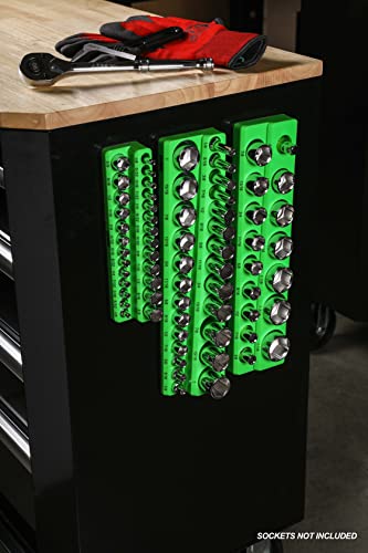 ARES 60037-3-Piece SAE Magnetic Socket Organizers Set - GREEN - Includes 1/4 in, 3/8 in, 1/2 in Socket Holders - Holds 68 Standard (Shallow) and Deep Sockets - Also Available in RED - color: Green (Sae), size: 1/4, 3/8, 1/2-Inch Drive - 3-Piece Set