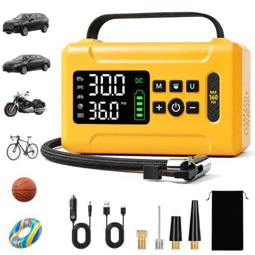 Tire Inflator Portable Air Compressor 160 PSI Air Pump for Car Tires 8000 mAh & 12V DC Powered Fast 30L/min, Digital Tire Pressure Gauge, LED Lights, 5 Modes Auto Shut-off (Yellow, 8000 mAh)