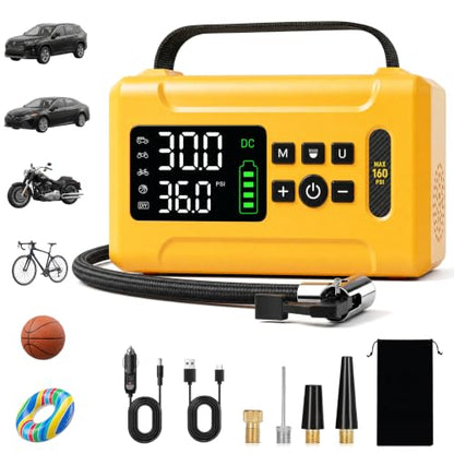 Tire Inflator Portable Air Compressor 160 PSI Air Pump for Car Tires 8000 mAh & 12V DC Powered Fast 30L/min, Digital Tire Pressure Gauge, LED Lights, 5 Modes Auto Shut-off (Yellow, 8000 mAh)