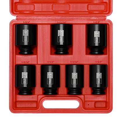 Mayouko 7PCS 1/2 Inch Drive Deep Impact Socket Set, 1-3/8" - 1-3/4", Spindle Axle Nut Sockets, SAE, Deep, 6-Point, CR-MO - size: 1.375" - 1.75" (7 Pieces)
