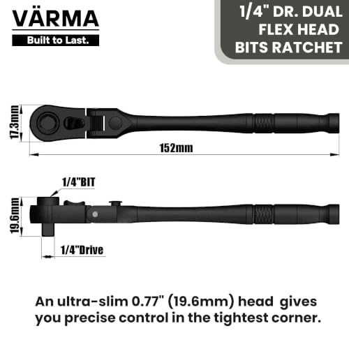 1/4" Drive Dual Flex Head Ratchet & Bit Driver – 6-inch long, 72-Tooth, 5° Swing Arc, High Torque, Chrome Vanadium Steel - size: 1/4" Drive Dual Flex Head Ratchet