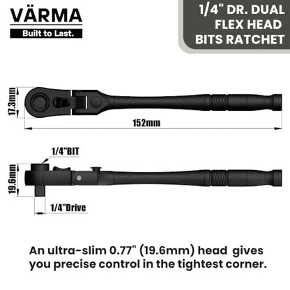 1/4" Drive Dual Flex Head Ratchet & Bit Driver – 6-inch long, 72-Tooth, 5° Swing Arc, High Torque, Chrome Vanadium Steel - size: 1/4" Drive Dual Flex Head Ratchet