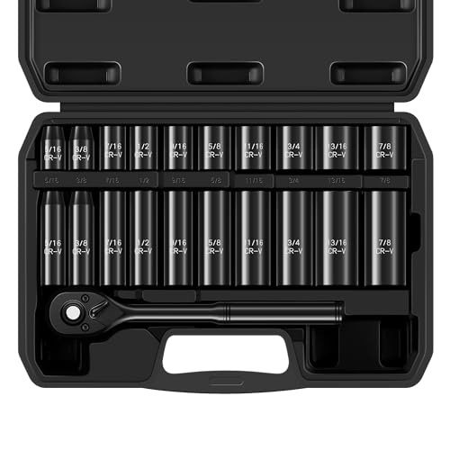 Reniteco 21-Piece 3/8" Drive Socket Set, SAE (5/16"- 7/8"), Deep and Shallow Sockets, 72-Tooth Ratchet Wrench, 6 Point Design, Cr-V - size: 3/8" 21 PCS SAE