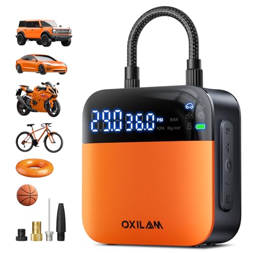 OXILAM C2 Tire Inflator Portable Air Compressor - 150PSI 4X Faster Air Pump for Car Tires with Tire Pressure Gauge, 12V Car Power Adapter, For Cars, Motorcycles, Bikes, Balls and More