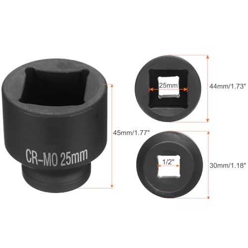 HARFINGTON 4 Point Square Socket 1/2" Drive 25mm Metric Square Impact Socket CR-MO Blackening Standard Wheel Sockets Pneumatic Socket Tool for Auto Repair Mechanical Maintenance Home Use - size: 25mm