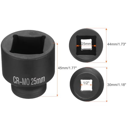 HARFINGTON 4 Point Square Socket 1/2" Drive 25mm Metric Square Impact Socket CR-MO Blackening Standard Wheel Sockets Pneumatic Socket Tool for Auto Repair Mechanical Maintenance Home Use - size: 25mm