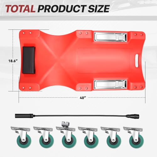 Low-Profile 40" L Mechanic Rolling Creeper, 300 LBS Capacity Under Car Roller Creeper with LED Light and Tool Trays, Red