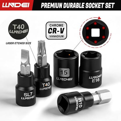 LLNDEI Cordless Electric Ratchet Wrench Set with Socket Set, 3/8" Ratchet, 40FT-LBS with Adjustable Speed, 52PCS