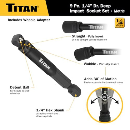 Titan 46401 9-Piece 1/4-Inch Drive Metric Deep Impact Socket Set, 6-Point, Metric Sizes 6 to 14mm - size: 9-Piece Metric Deep, style: 1/4-Inch Drive