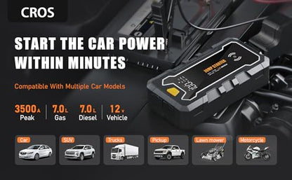 Cros 3500A Car Battery Jump Starter, 24000mAh Battery Booster Pack with Wireless Charger, 12V Portable Jump Box Jumper Starter for Up to 9.0L Gas & 7.0L Diesel Engines, Power Bank & LED Flashlight