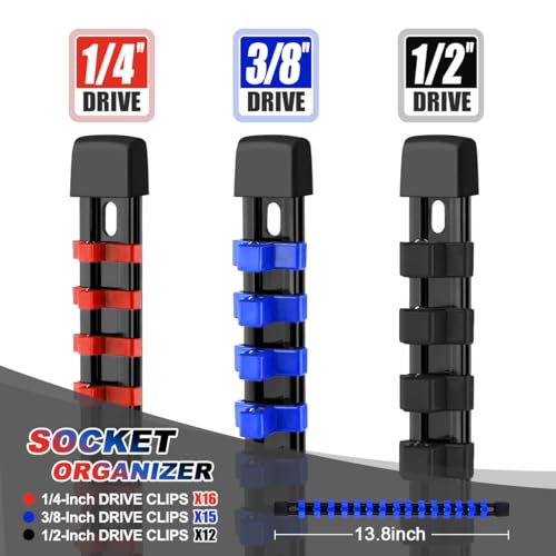 3-Piece Socket Organizer Rail Set, Heavy Duty Socket Holder for 1/4", 3/8", 1/2" Drive, 43 Clips Spring Loaded Ball Bearings for Metric & SAE Sockets, Portable Tool Tray for Toolbox Drawer - size: 3 Pcs