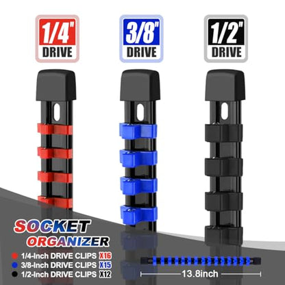3-Piece Socket Organizer Rail Set, Heavy Duty Socket Holder for 1/4", 3/8", 1/2" Drive, 43 Clips Spring Loaded Ball Bearings for Metric & SAE Sockets, Portable Tool Tray for Toolbox Drawer - size: 3 Pcs