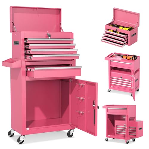 INTERGREAT 5 Drawer Tool Chest with Wheels, Rolling Tool Chest with Enhanced Packaging, Tool Storage Organizer Cabinets with Lock&Key for Garage, Workshop (Pink) - color: Pink, size: 5 Drawers
