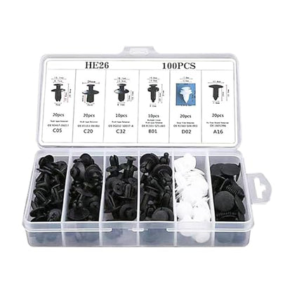 gunhunt 100 PCS Car Bumper Bolt Fastener Set, 6 Types of Door Panel Push Retainer Replacement HE26 with 6" Removal Tool, Bumper Push Retainer Clip Rivet Kit, Universal for Most Cars (White & Black)