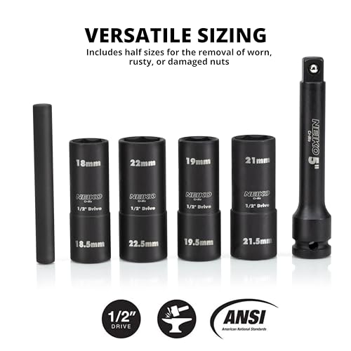 NEIKO 02290B Lug Nut Socket Set, 1/2” Impact Thin Wall Flip Socket Set, Half Size Wheel Socket Set, Metric 6 Point, 5" Extension Bar & Knockout Bar, 18.5mm, 19.5mm, 21.5mm, and 22.5mm - size: 6 Piece, Half Size Set, style: Flip Socket