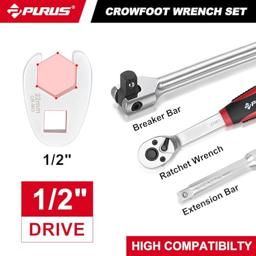 PURUS 13PCS 1/2 Drive Crowfoot Wrench Set, Large Sizes 20mm to 32mm Flare Nut Crow foot Wrenches with 14.7" Breaker Bar & 5" Extension Rod, Heavy Duty Mechanic Tools for Automotive & Truck Repair