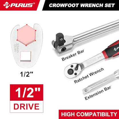PURUS 13PCS 1/2 Drive Crowfoot Wrench Set, Large Sizes 20mm to 32mm Flare Nut Crow foot Wrenches with 14.7" Breaker Bar & 5" Extension Rod, Heavy Duty Mechanic Tools for Automotive & Truck Repair